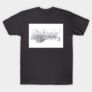 Woodland Retreat Log Cabin Drawing in Black and White T-Shirt